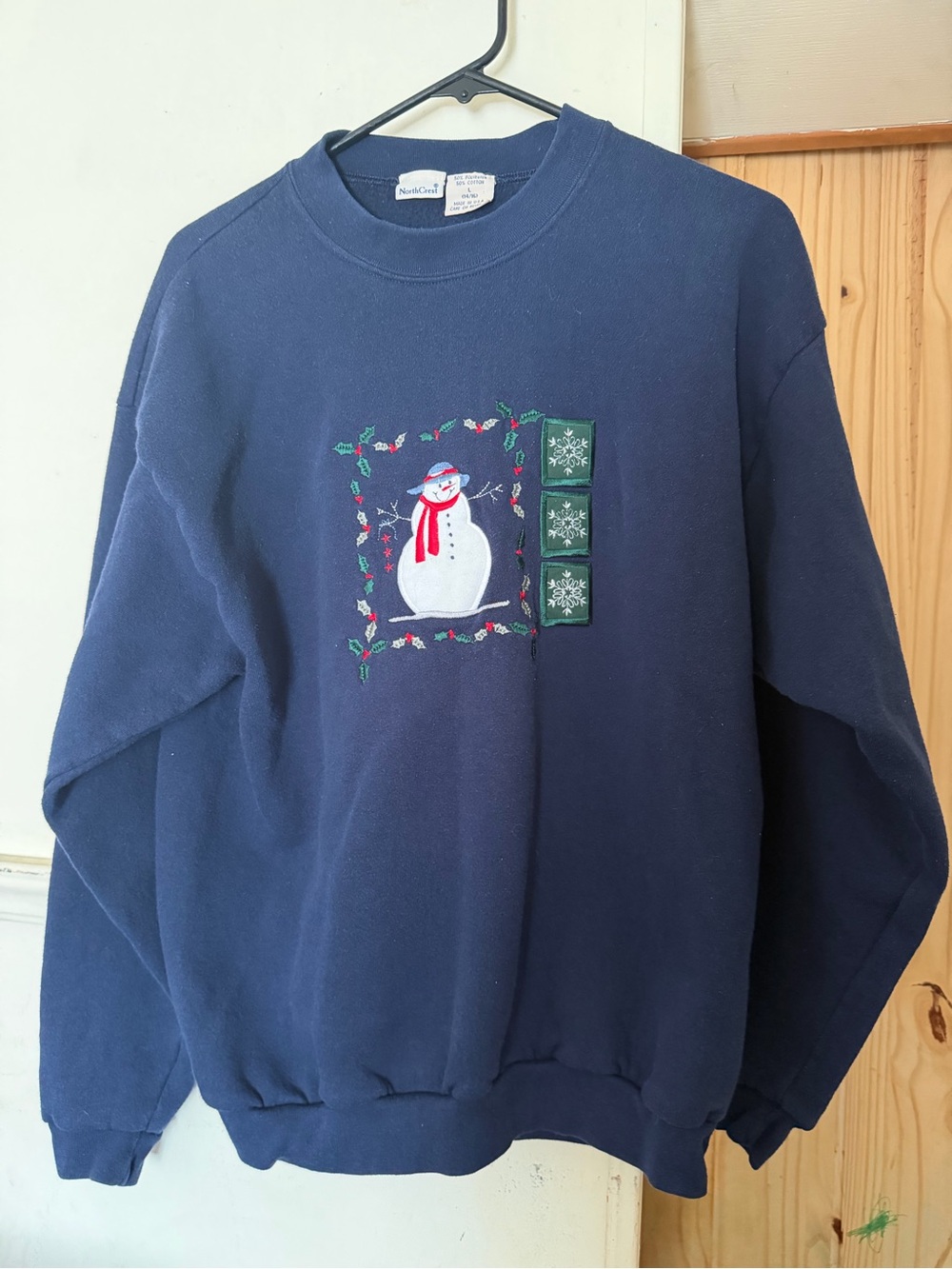 Northcrest Navy Crewneck Sweater with Snowman & Holly Motif
